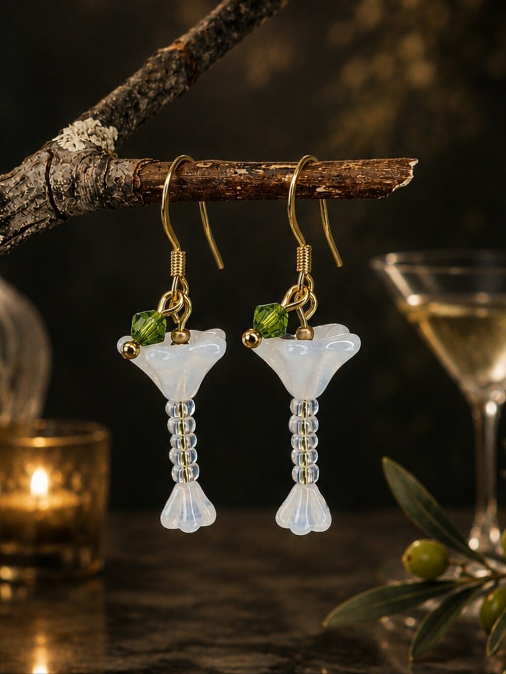 Martini Glass Earrings Green Olive Czech Glass Gold Tone Hand Crafted